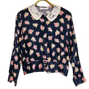 Vintage Chaus Size Medium Cottage Floral BLouse Top Lace Peter Pan Collar